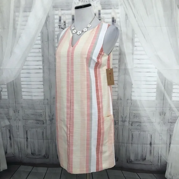 Cremieux Womens Size XS Pink White V Neck Striped Sleeveless Shift Dress Cotton - Picture 8 of 12